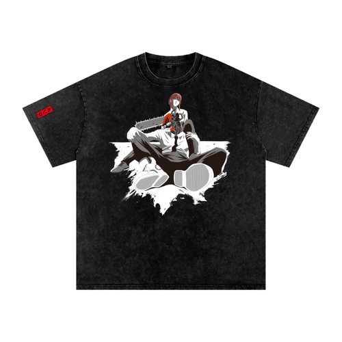 Chainsaw Couple Snow Washed Oversized Cotton T-Shirt