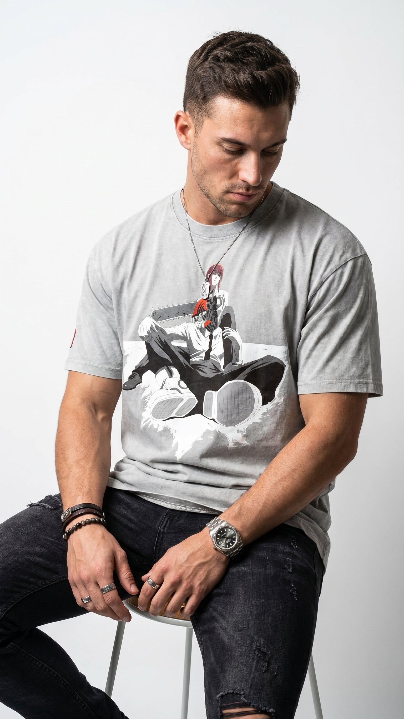Chainsaw Couple Snow Washed Oversized Cotton T-Shirt